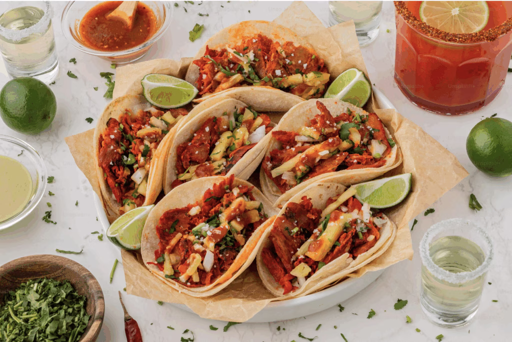 A vibrant taco bar setup with colorful toppings, warm tortillas, and proteins, perfect for an easy taco bar for birthdays or thoughtful food ideas for celebrations