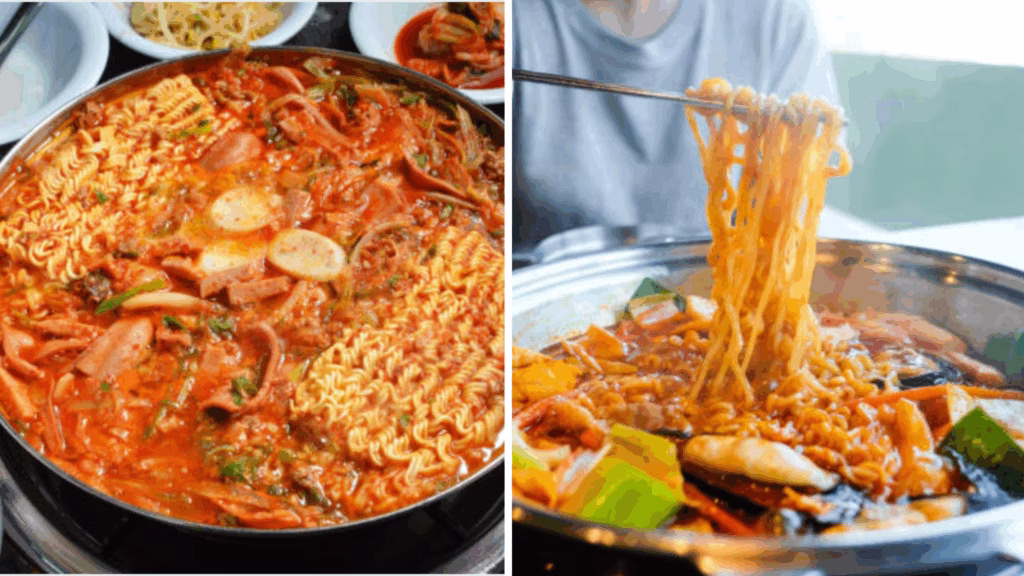 Bubbling Army Stew Korean (Buddae Jjigae) in a pot with Spam, ramen, and kimchi
