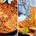 Bubbling Army Stew Korean (Buddae Jjigae) in a pot with Spam, ramen, and kimchi