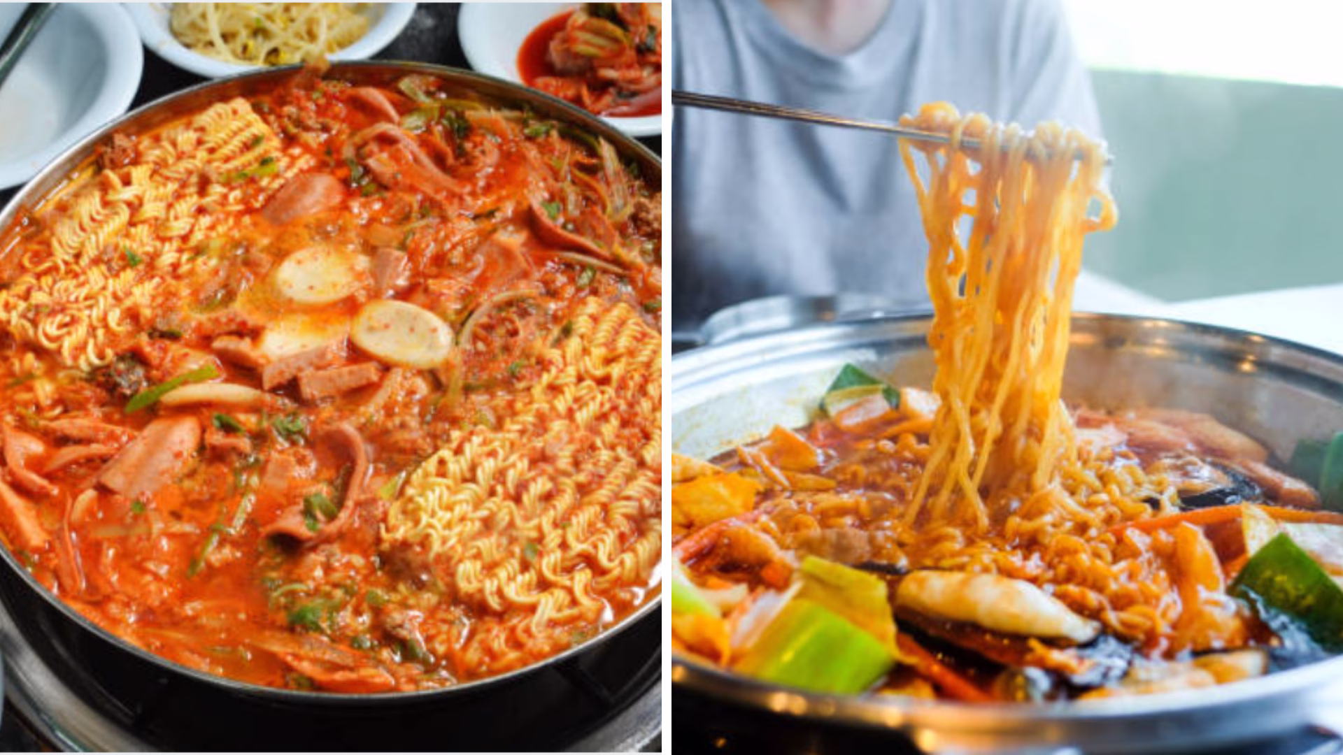 Bubbling Army Stew Korean (Buddae Jjigae) in a pot with Spam, ramen, and kimchi