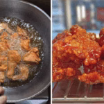 Golden, crispy Korean fried chicken pieces garnished with sesame seeds and green onions on a serving plate.