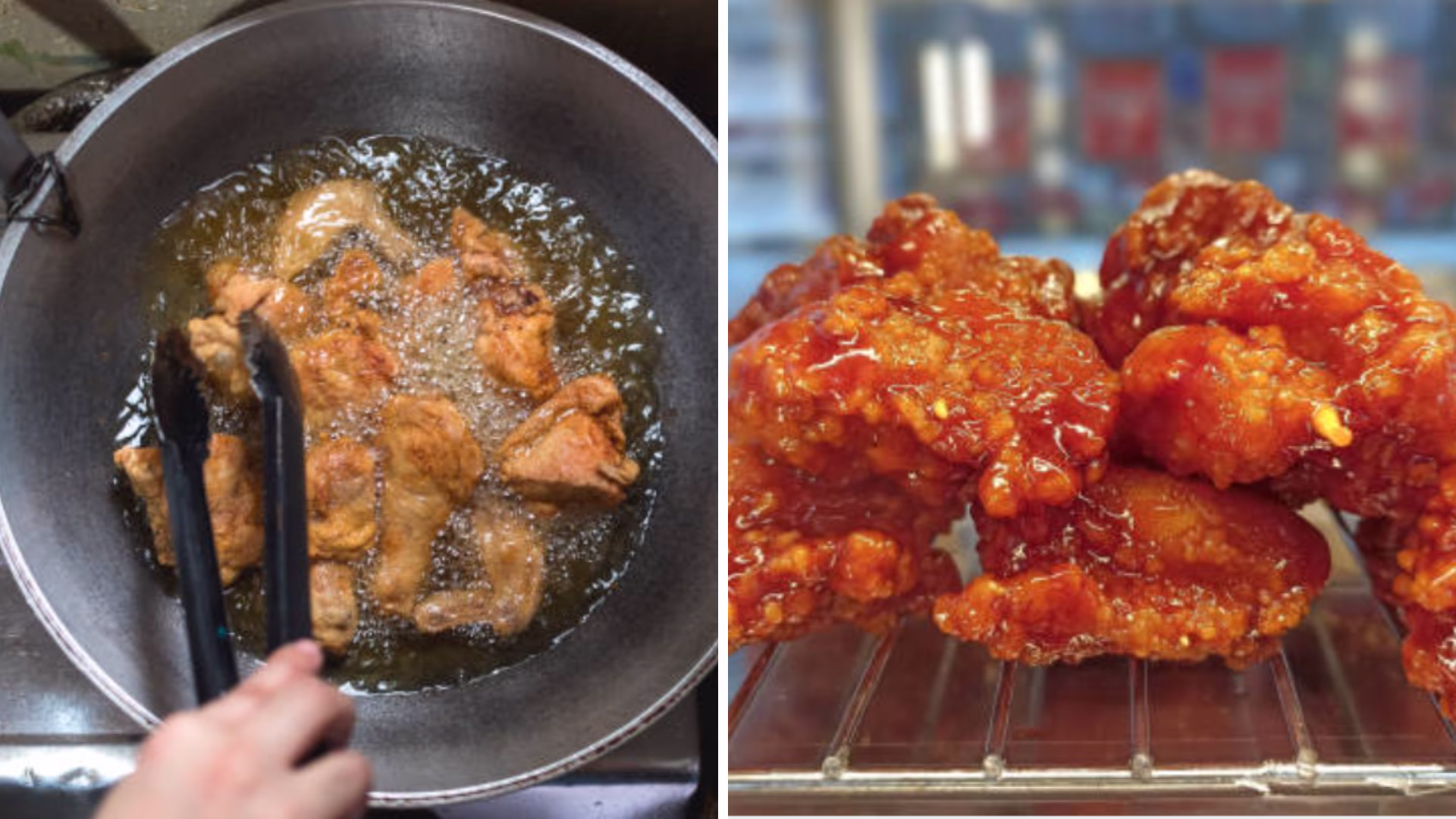 Golden, crispy Korean fried chicken pieces garnished with sesame seeds and green onions on a serving plate.