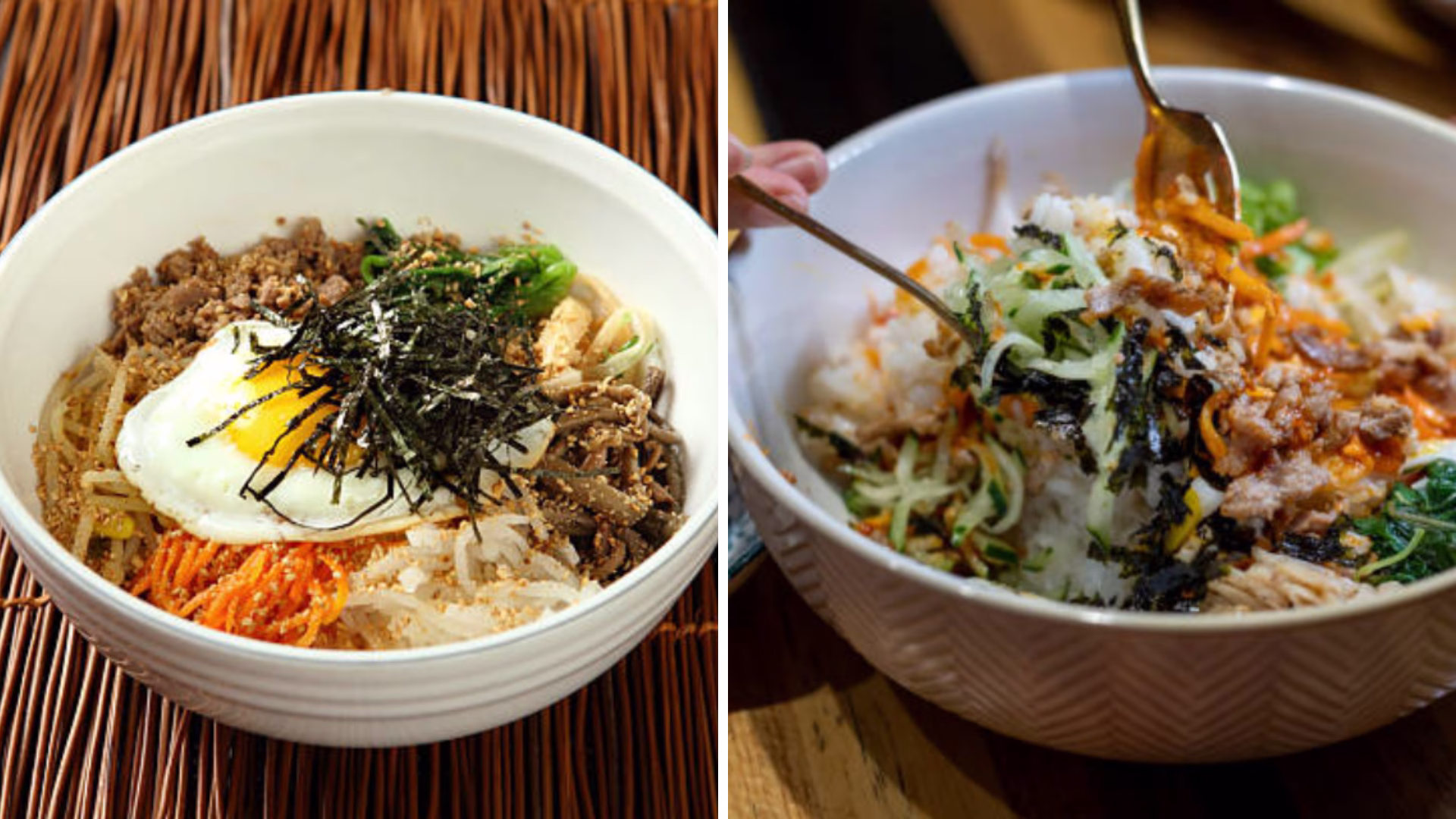 Vibrant bibimbap bowl showcasing colorful toppings and spicy sauce.