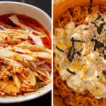 A vibrant bowl of buldak chicken ramen topped with melted cheese and spicy sauce